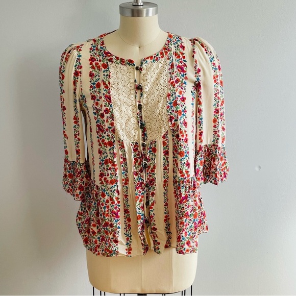 Anthropologie x Maeve Floral Hiver Blouse Lace Button Down Top- Size 0 - Picture 3 of 9